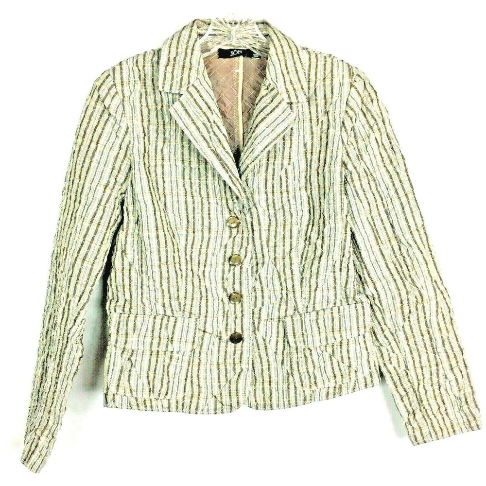 Jon Jacket Blazer‎ Womens Sz 10 Gray Beige Lightweight Crinkle Pockets